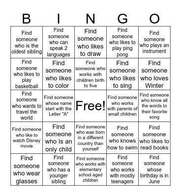 Getting to know you Bingo Card