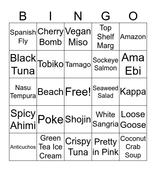 Blue Sushi Sake Grill Bingo Card