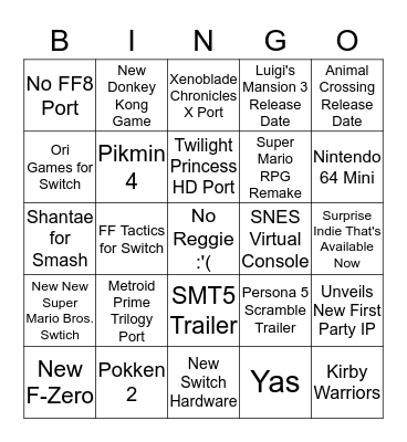 Nintendo E3 Bingo Card