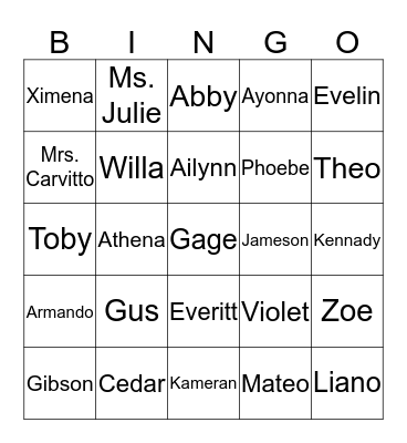 Mrs. Carvitto's Call Bingo Card