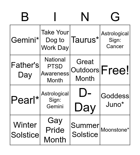 Month of JUNE Bingo Card