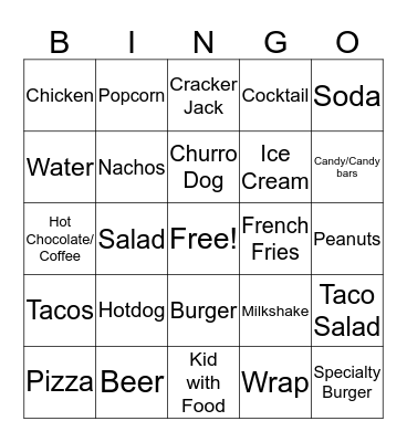 Baseball Food Bingo Card