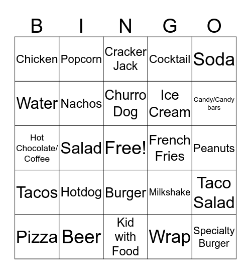 Baseball Food Bingo Card