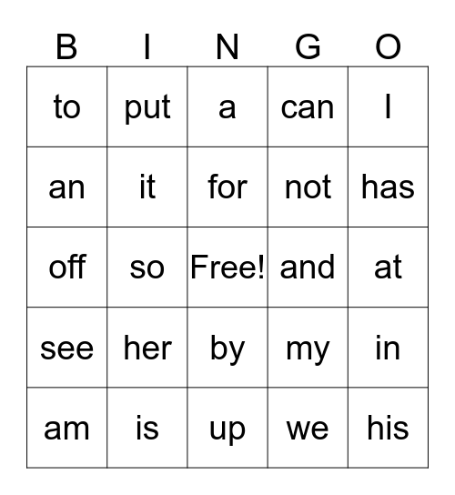 Sight Words! Bingo Card