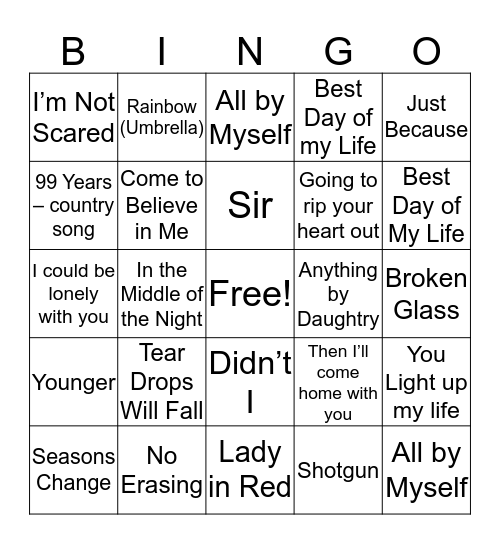 Beautiful Music Bingo Card