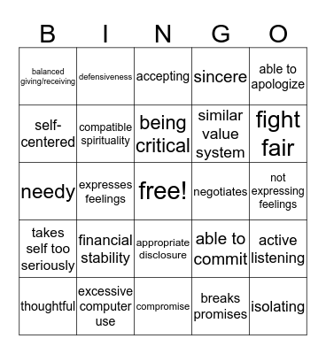 Healthy Relationships Bingo Card