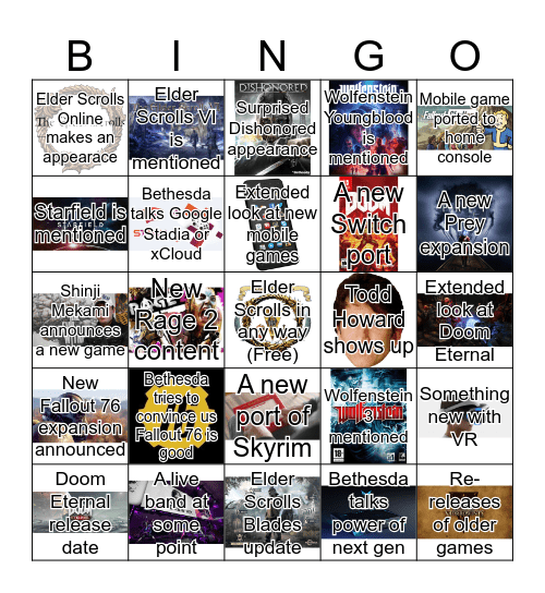 Bethesda E3 2019 Bingo Card