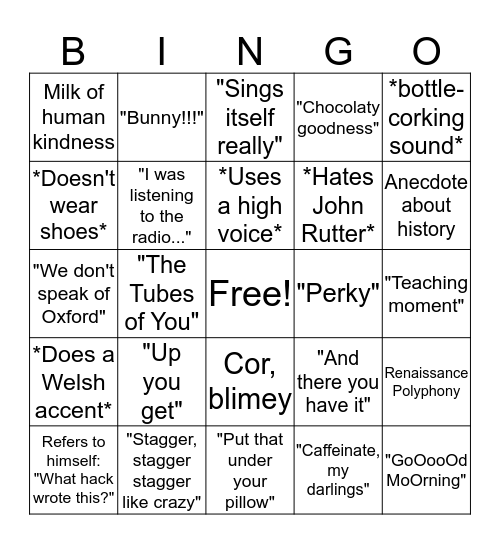 Just Choir Director Things Bingo Card