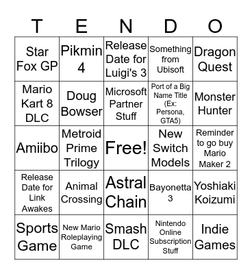 Nintendo E3 Bingo Card