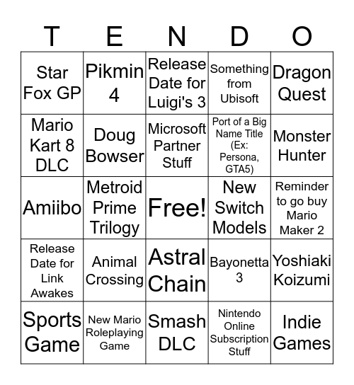 Nintendo E3 Bingo Card