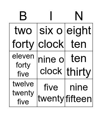 What's the time? Bingo Card