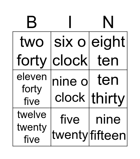 What's the time? Bingo Card