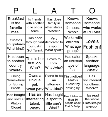 Getting to Know our GREAT Employees! Bingo Card