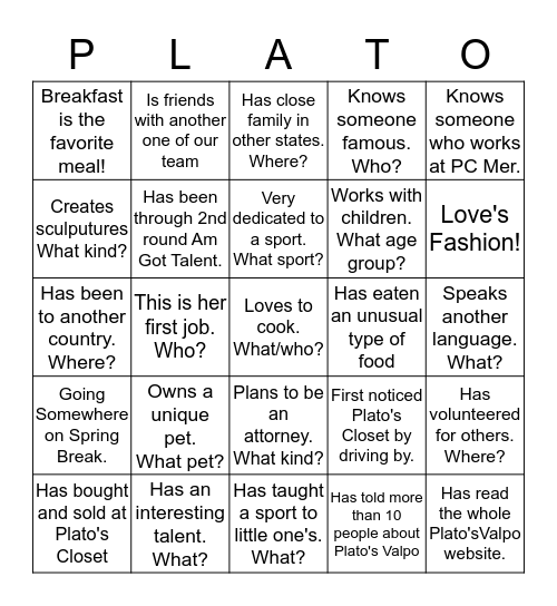 Getting to Know our GREAT Employees! Bingo Card