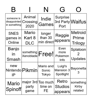 Nintendo E3 2019 Bingo Card