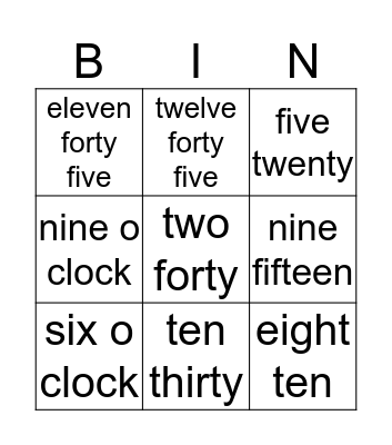 What's the time? Bingo Card