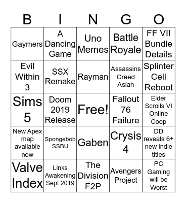 E3 2019 Bingo Card