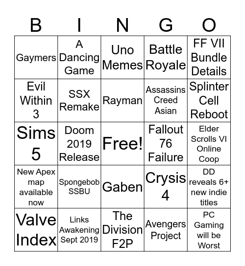E3 2019 Bingo Card