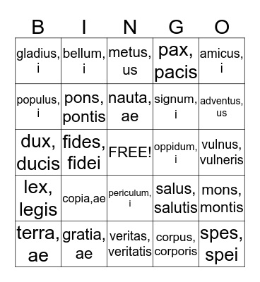 Latin Vocabulary Bingo Card