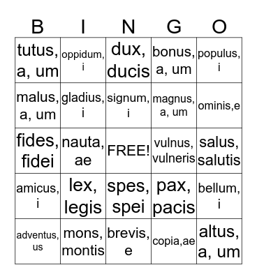 Latin Vocabulary Bingo Card