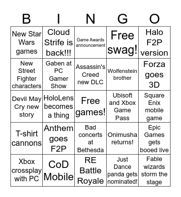 E3 Predictions!!! Bingo Card
