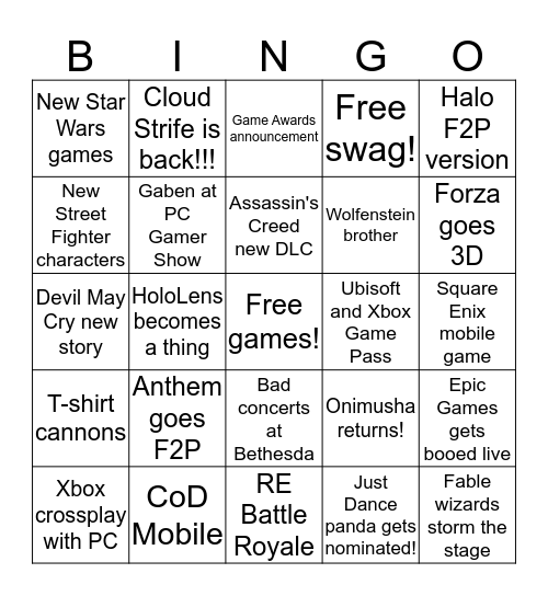 E3 Predictions!!! Bingo Card