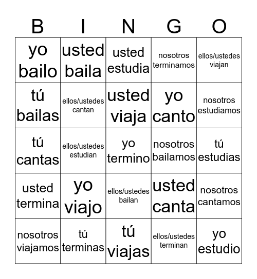 Spanish -ar Verbs (present) Bingo Card
