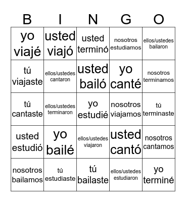 Spanish -ar Verbs (past) Bingo Card