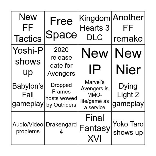 Dropped Frames Square Enix E3 Bingo Card