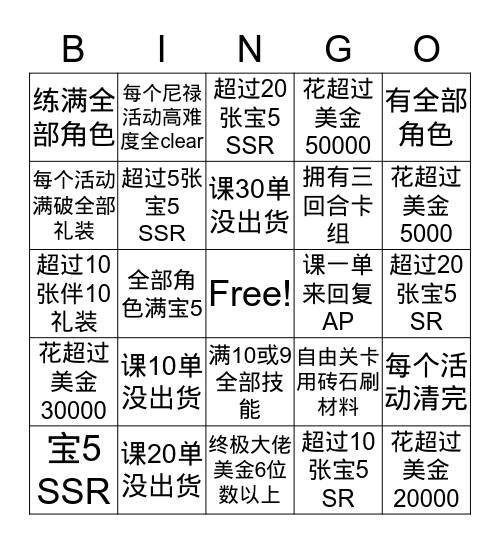 FGO 氪金大佬版 Bingo Card