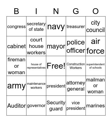 Offices/Government/Community Workers Bingo Card