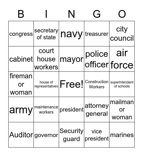Offices/Government/Community Workers Bingo Card
