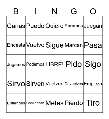 Chapter 7 Stem Verbs and Regular Verbs Bingo Card