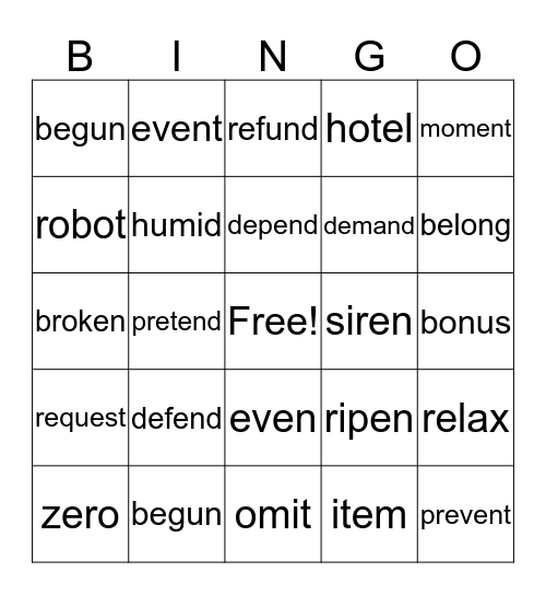 Level 2 Lesson 10 Additional Practice Bingo Card