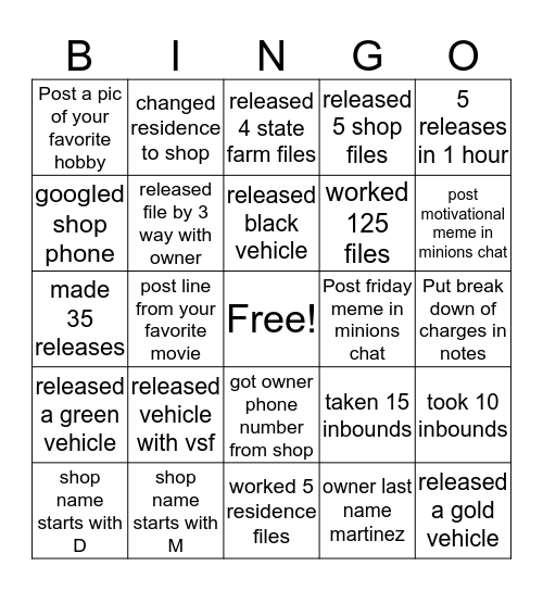 Minions Bingo Card