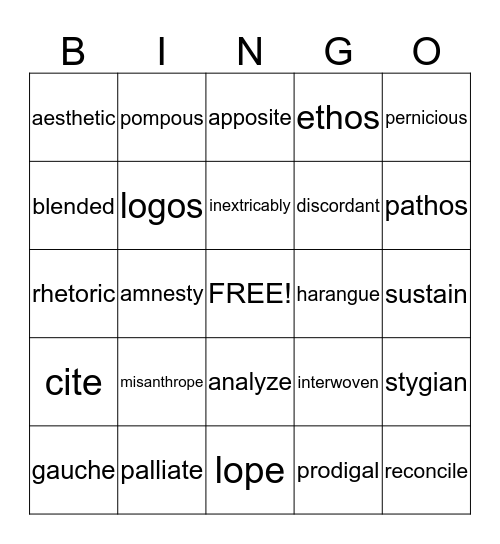 Vocbulary Quiz Bingo Card