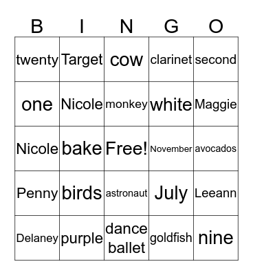 First Grade Bingo Game! Bingo Card