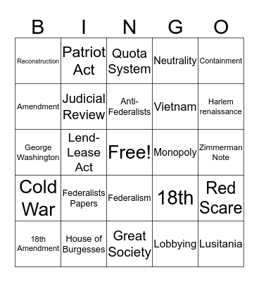 US History and Government Review Bingo Card