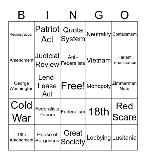 US History and Government Review Bingo Card