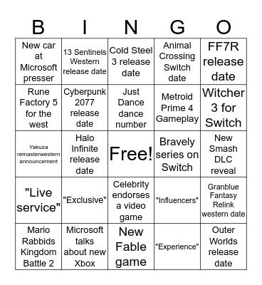 E3 2019 Bingo Card