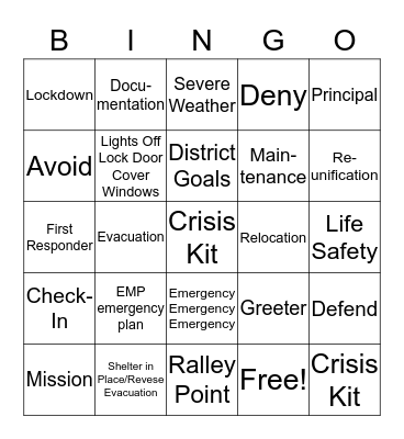 Emergency Management Plan: BINGO Card
