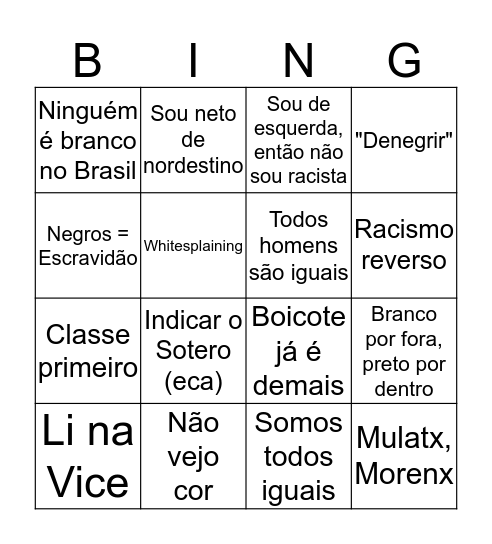 Bingo da Branquitude Esquerdoburguesa Bingo Card