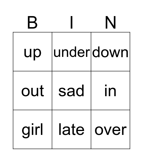 Opposite Bingo Card