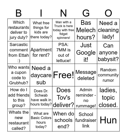 Nshei Baltimore Bingo Card