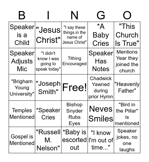 Latter Day Saints Testimony BINGO Card