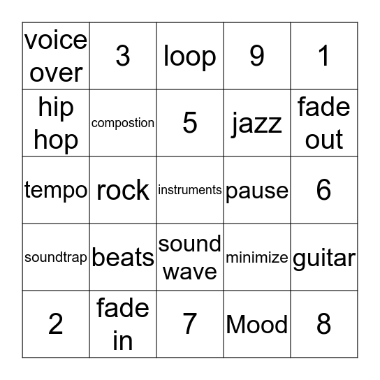 Commercial Music Bingo Card