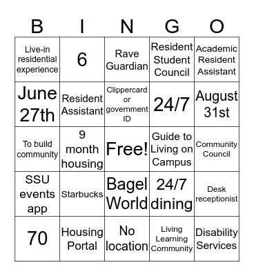 Residence Life  Bingo Card