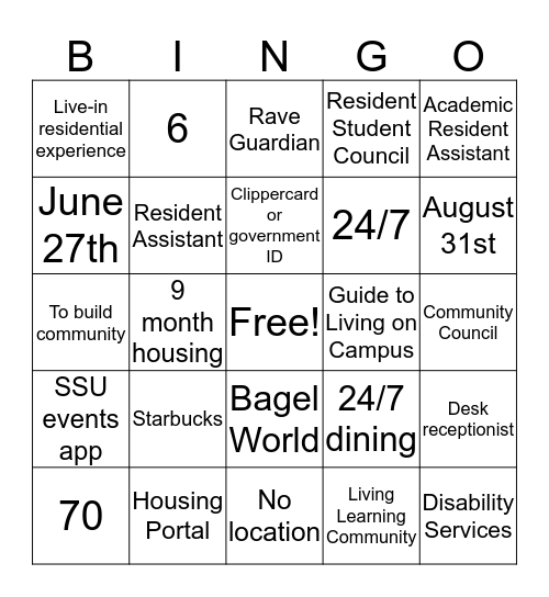 Residence Life  Bingo Card