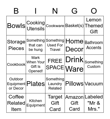 Bridal Shower Gift Bingo Card