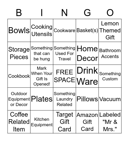 Bridal Shower Gift Bingo Card